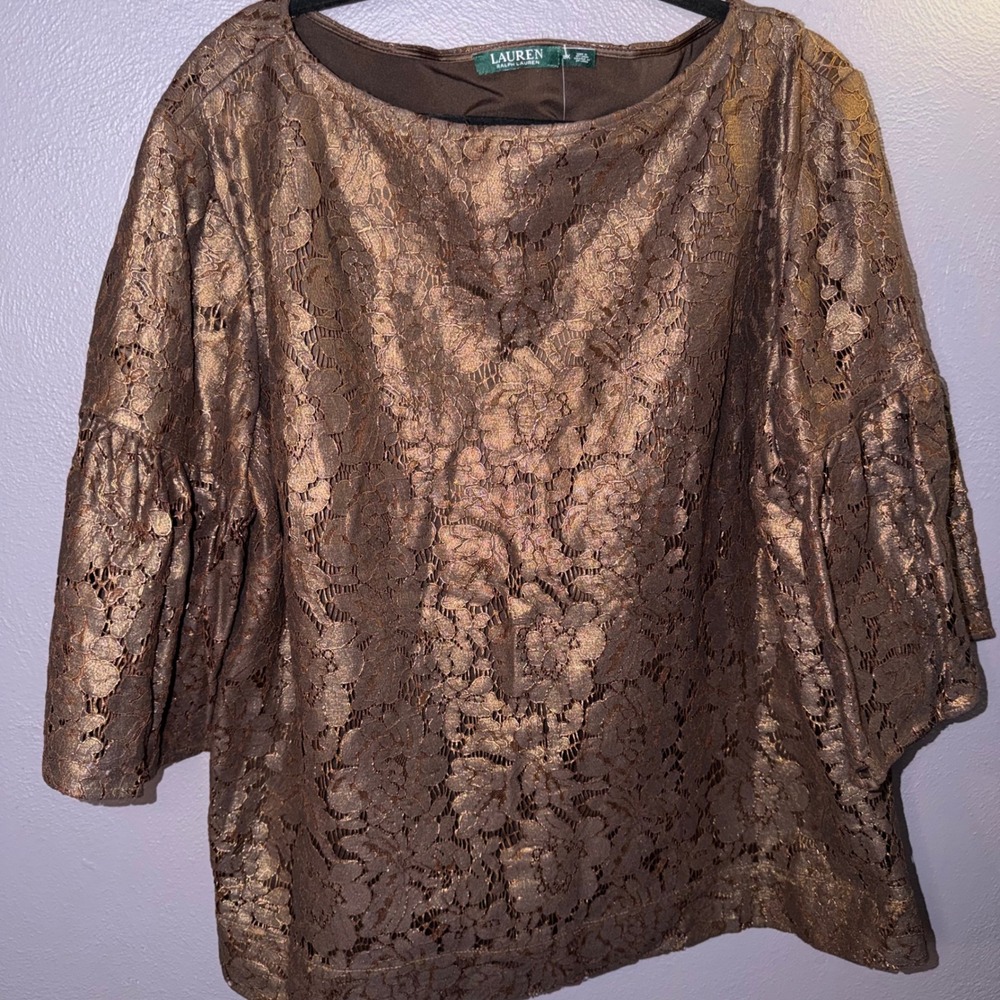 Lauren Ralph Lauren Womens 2X Gold Metallic Floral Lace Bell Sleeve Blouse NWT